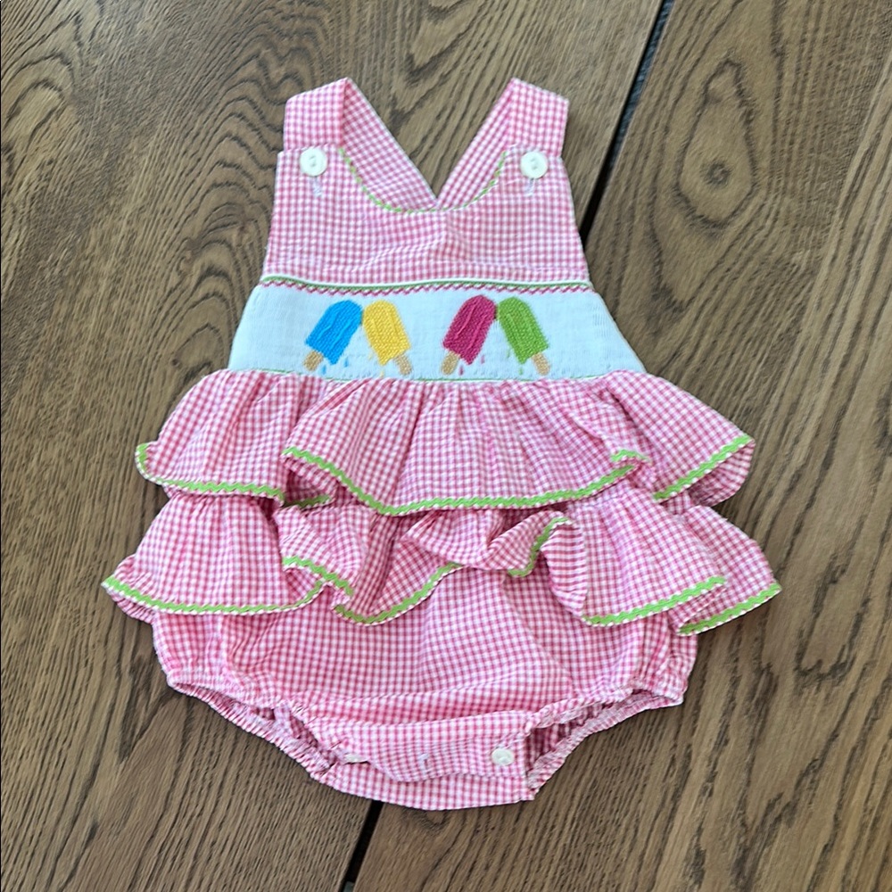 Pink Gingham Baby Romper with Popsicle Design